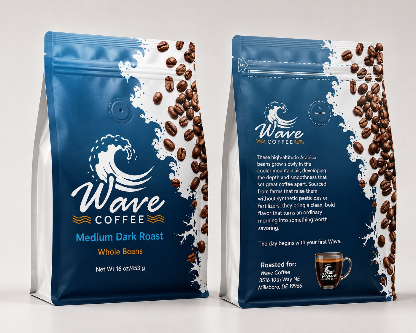 Wave Coffee Medium Dark Roast whole bean bag, front and back