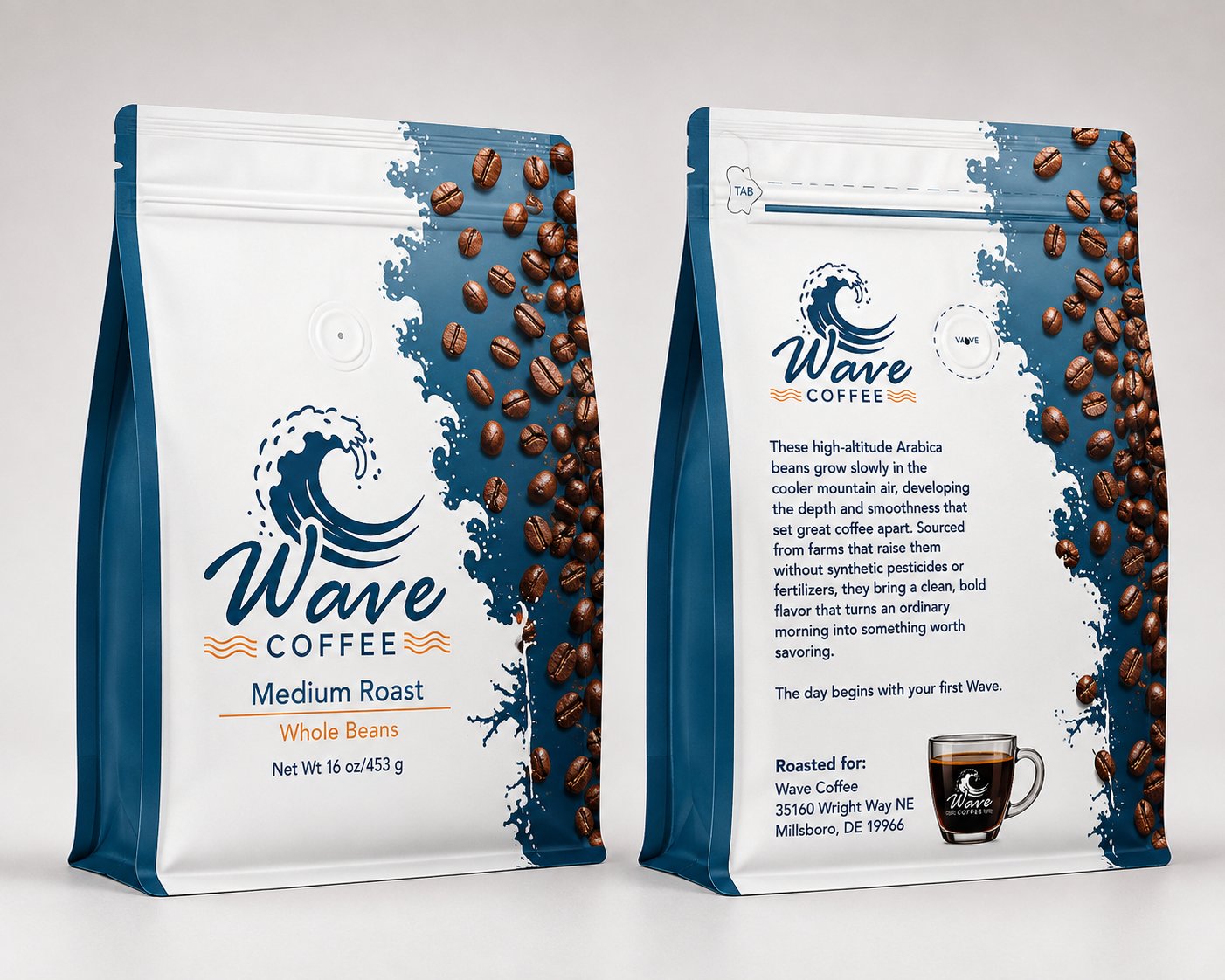 Wave Coffee Medium Roast whole bean bag, front and back