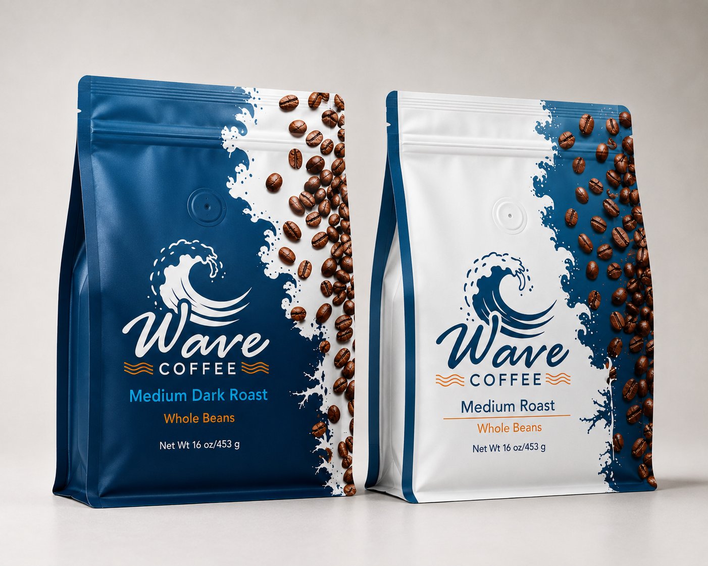 Wave Coffee Medium Dark Roast and Medium Roast bags, standing side by side